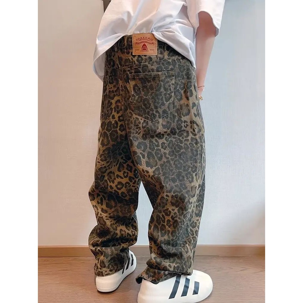 Autumn Tan Leopard Jeans Men Denim Pants Male Oversize Wide