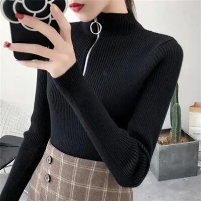 Knitted Women Zipper Half High Neck Sweater Pullovers Autum