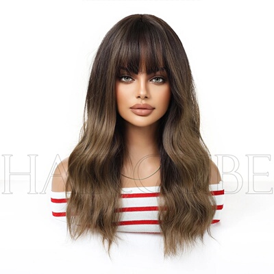 Qi bangs wig medium long curly hair brown gradual change na