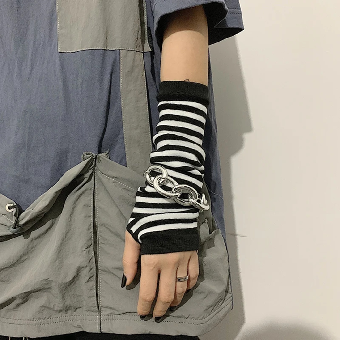 Black Punk Long Fingerless Gloves Cuff for Women Men Outdoo