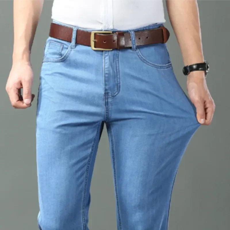 New Ice Silk Thin Denim Jeans For Men Blue Straight Stretch