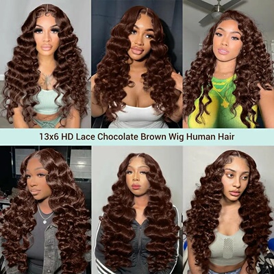 Beliself Loose Deep Wave 13x6 HD Lace Frontal Wigs Brown Co