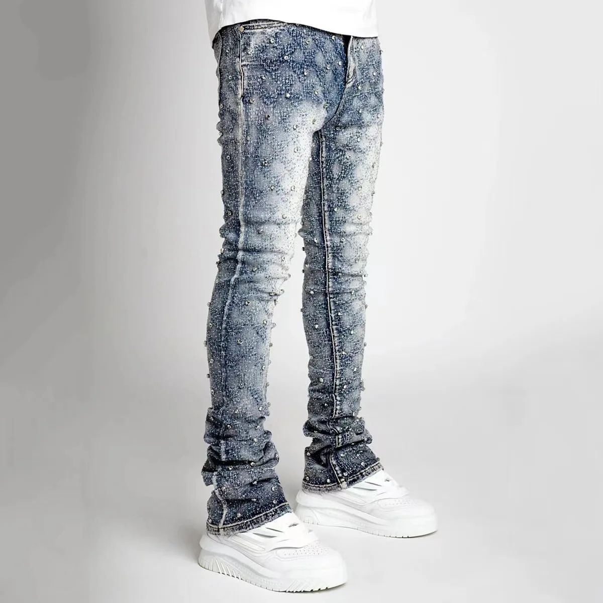 Blue Stretchy Pearls Skinny Jeans For Men 2024 New Fashion F