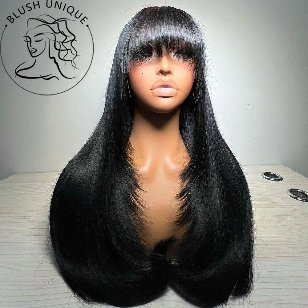 Straight Layered Cut Wigs with Bangs HD Lace Fake Scalp Synt
