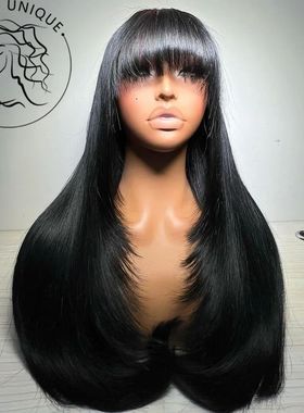 Straight Layered Cut Wigs with Bangs HD Lace Fake Scalp Synt