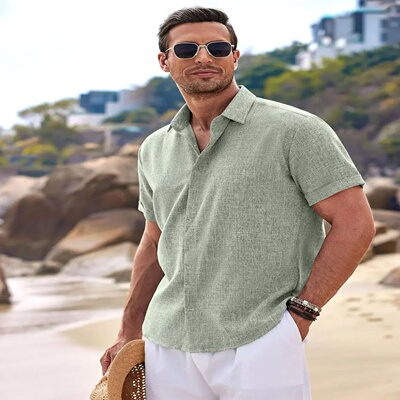 Men's Fashion Casual Solid Color Shirt Pullover Button Line