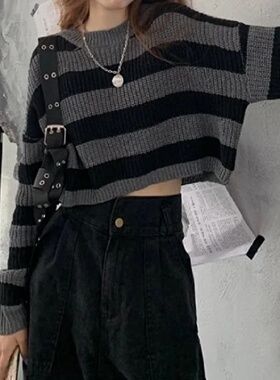 New Korean Style Striped Cropped Sweater Women Vintage Over