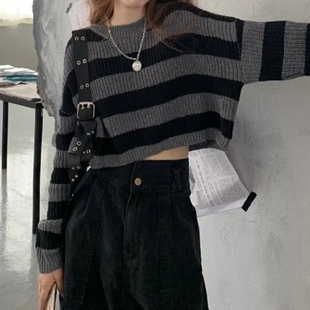 New Korean Style Striped Cropped Sweater Women Vintage Over