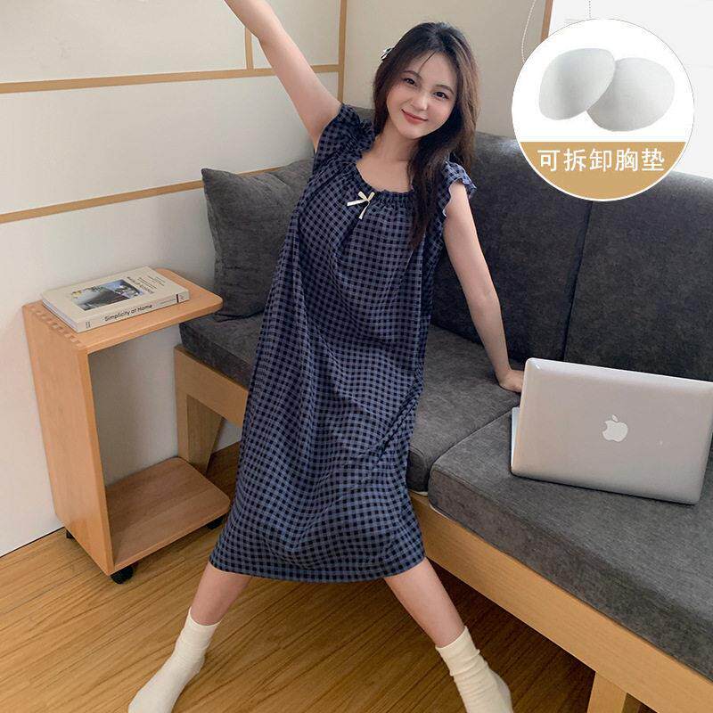 睡衣女梭织皱布圆领套头睡裙带胸垫甜美少女家居服凉感睡衣女夏