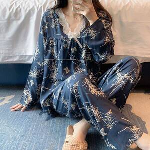 棉绸世家2025蕾丝蝴蝶结绵绸睡衣女春秋家居服套装可外穿休闲长袖