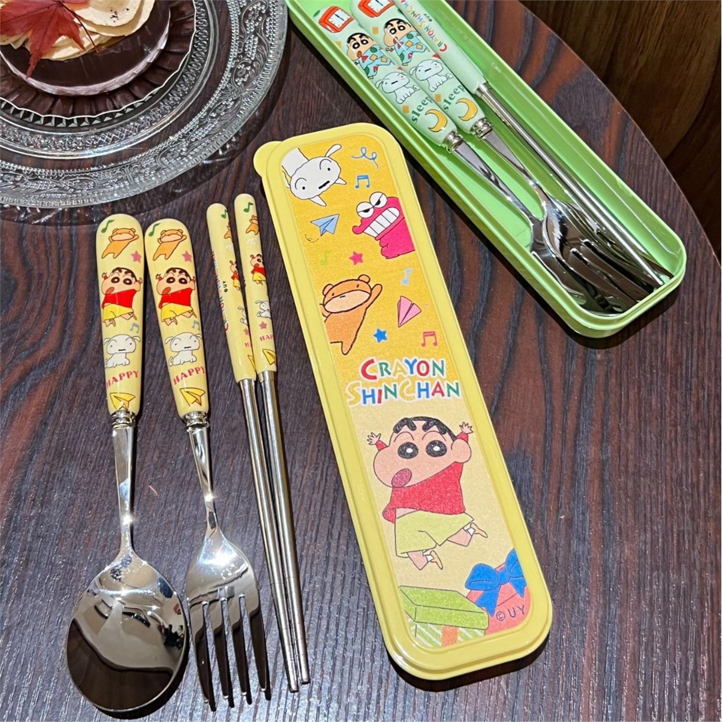 蜡笔小新勺子叉子学生高颜值筷子可爱宿舍家用便携套装餐具四件套