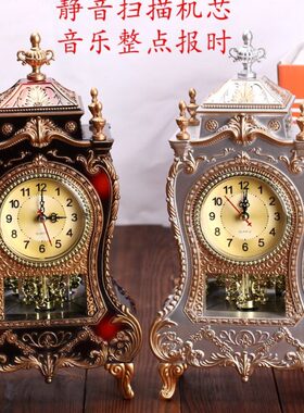欧式台钟仿古座钟客厅装饰钟静音扫秒钟表12首音乐报时F015