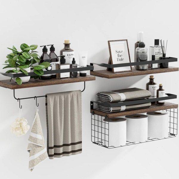 厨房卧室壁挂式墙面浮动搁板带金属框架木质浴室架带储物篮毛巾杆,收纳整理,暖气片置物架,淘宝优惠券,粉丝福利购,淘宝优惠卷