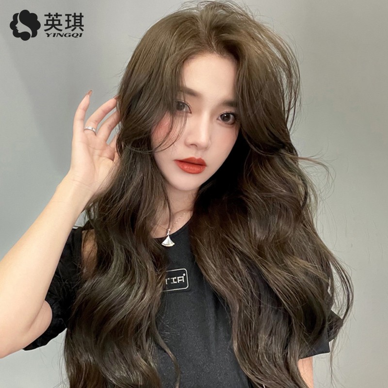 英琪假发女长发八字浏海时尚长卷发真人发丝中长气垫烫自然全头套