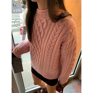 冬季 2024新款 粉色绵羊毛宽松毛线衣小个子 麻花毛衣女款 落落狷介
