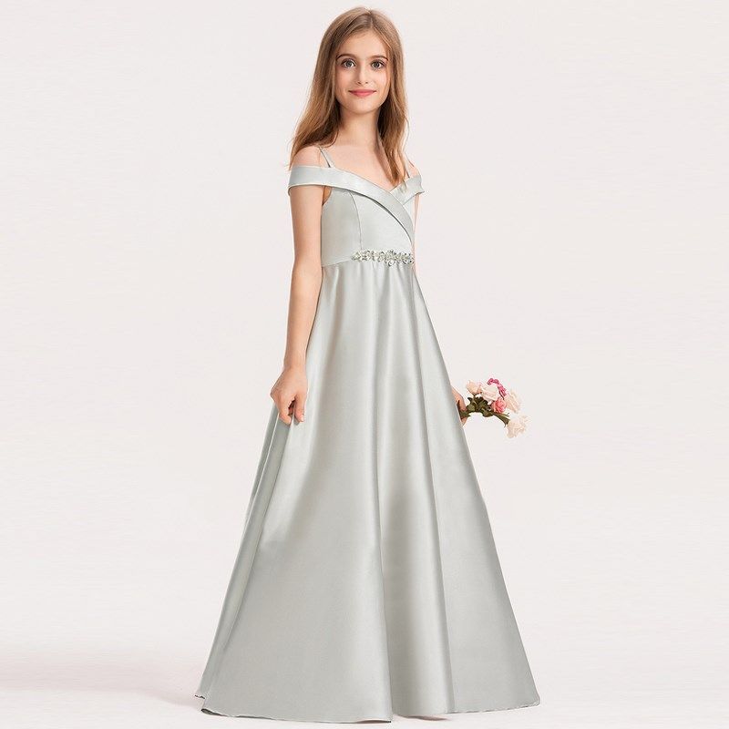 女童主持人钢琴演出晚礼服儿童模特走秀高端缎面一字肩长款公主裙