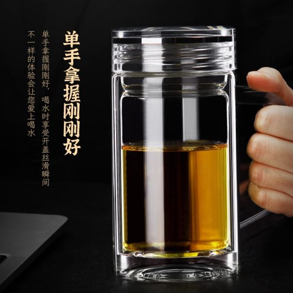高档加厚水晶底办公杯带把手双层玻璃杯耐高温防烫茶杯水杯男士