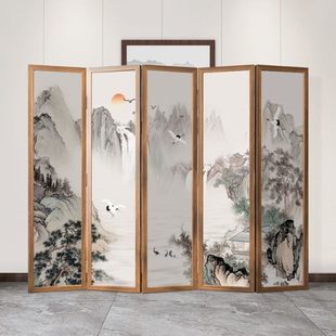 遮挡折叠移动客厅 实木屏风隔断家用山水画折屏酒店办公室现代中式
