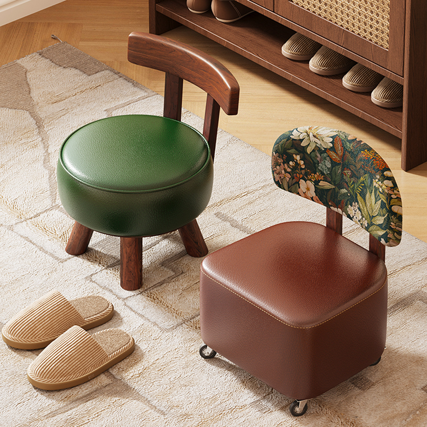 实木小凳子可移动软包矮凳创意家用板凳靠背滑轮凳客厅儿童换鞋凳,住宅家具,矮凳,淘宝优惠券,粉丝福利购,淘宝优惠卷