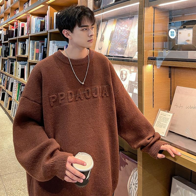 秋冬季韩版钢印圆领毛衣男生大尺码打底内搭针织衫套头加绒大尺码