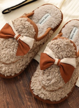 韩版蝴结拖鞋女冬季居棉蝶家室内滑可爱毛绒情侣保暖31982软底可