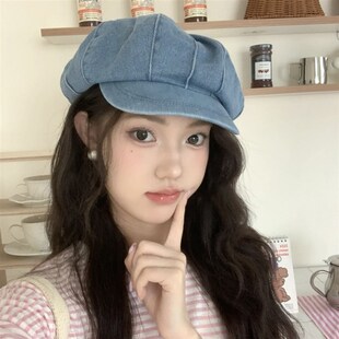 韩系条纹水洗牛仔八角帽女夏户外百搭大檐遮阳防晒帽显脸小报童帽