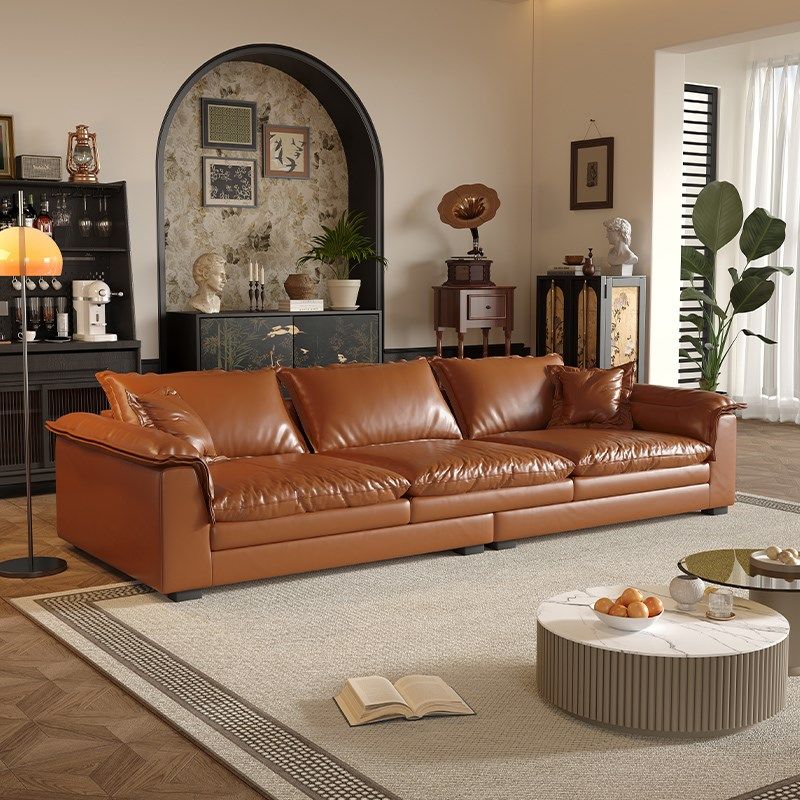 意式复古油蜡皮黑色沙发现代极简大小户型大坐深双层坐垫直排沙发,住宅家具,皮艺沙发,淘宝优惠券,粉丝福利购,淘宝优惠卷