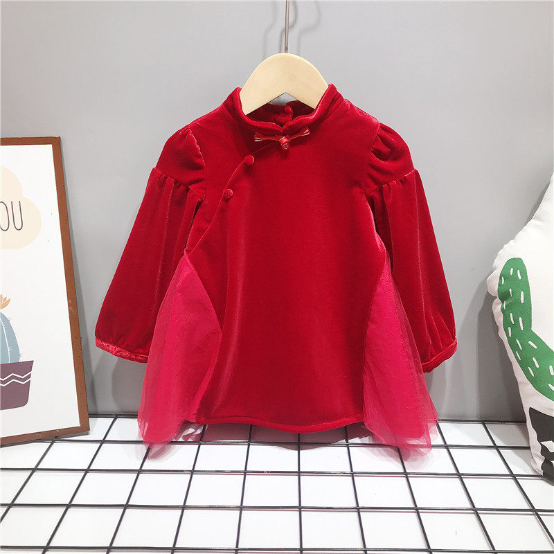 过年新衣24年春款女宝宝国风加绒洋装纱纱公主裙喜庆儿童红裙子