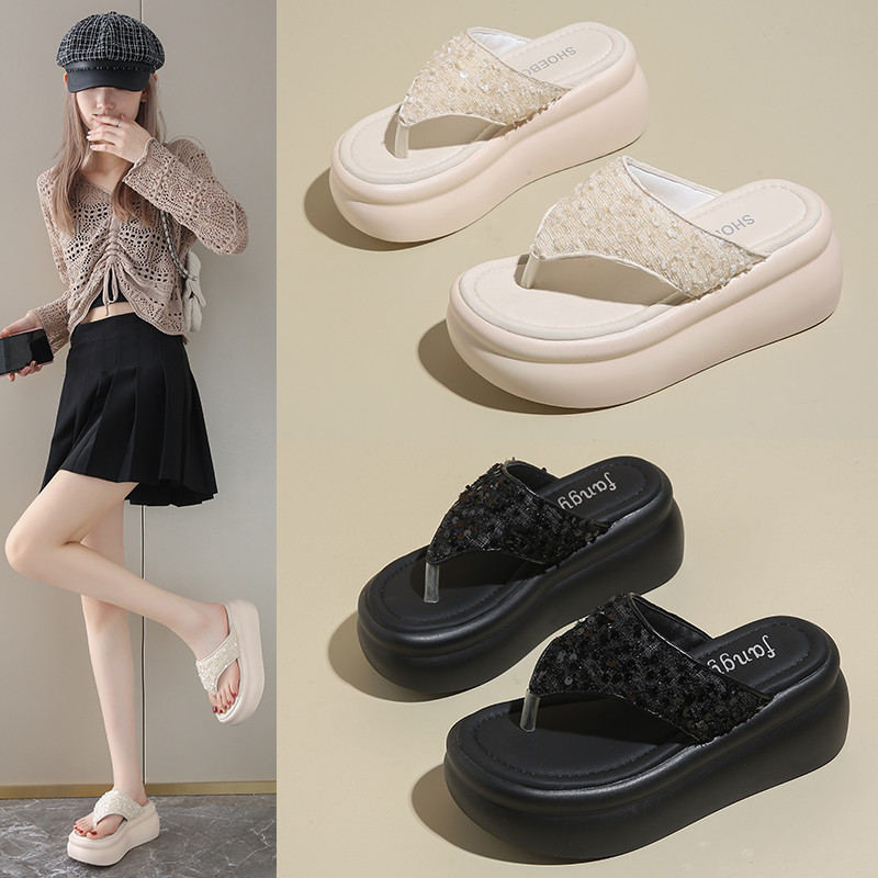 凉拖女夏季外穿厚底人字拖时尚亮片夹脚增高跟鞋海边沙滩女士凉鞋,女鞋,人字拖,淘宝优惠券,粉丝福利购,淘宝优惠卷