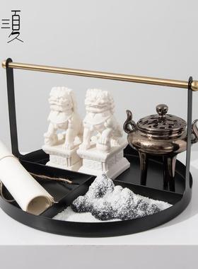 新中式狮子香炉套装组合圆形托盘摆件书房样板间飘窗茶室桌装饰品