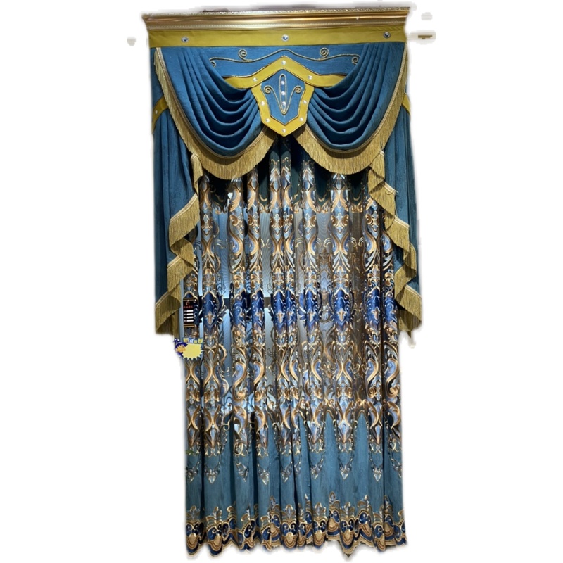 22新款奢华欧式蓝色雪尼尔绣花窗帘客厅书房卧室飘窗落地窗成品