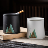 粗陶手绘远山创意烟灰缸客厅办公室茶桌个性 陶瓷盖烟缸