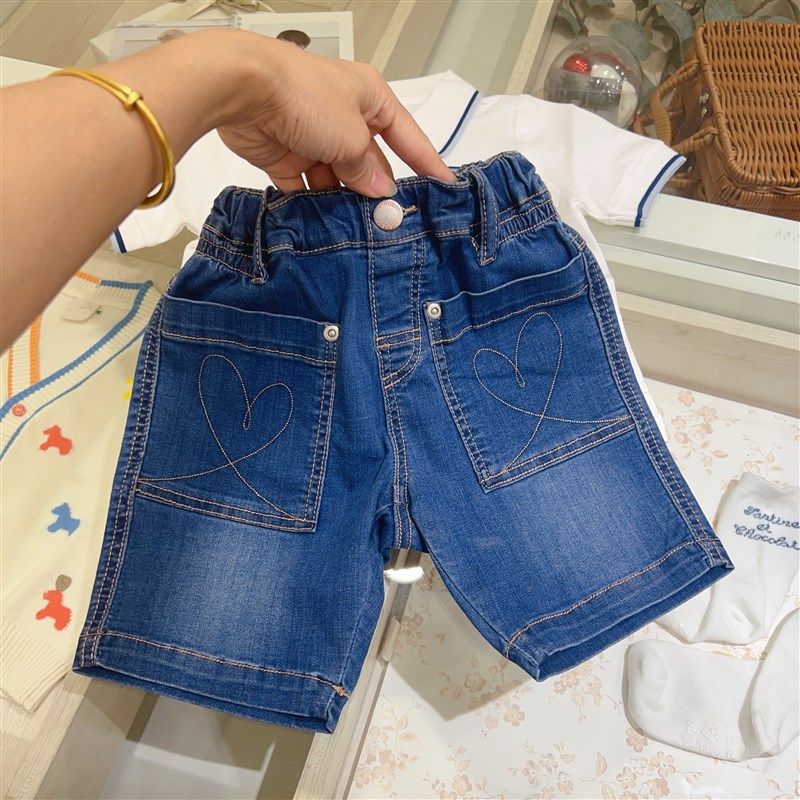 韩国童装 24夏新款男女宝儿童刺绣五分裤 松紧腰休闲牛仔骑行短裤