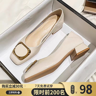 夏季真皮单鞋粗跟2023新款仙女风瓢鞋浅口中跟大码女鞋奶奶鞋百搭