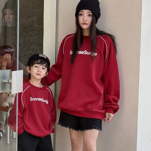 炸街亲子装加绒卫衣2024秋冬新款洋气红色母女款高级感母子装