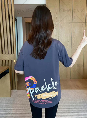 夏季宽松洋气短袖T恤女中长款2023年新款欧货大版爆款印花半袖t桖