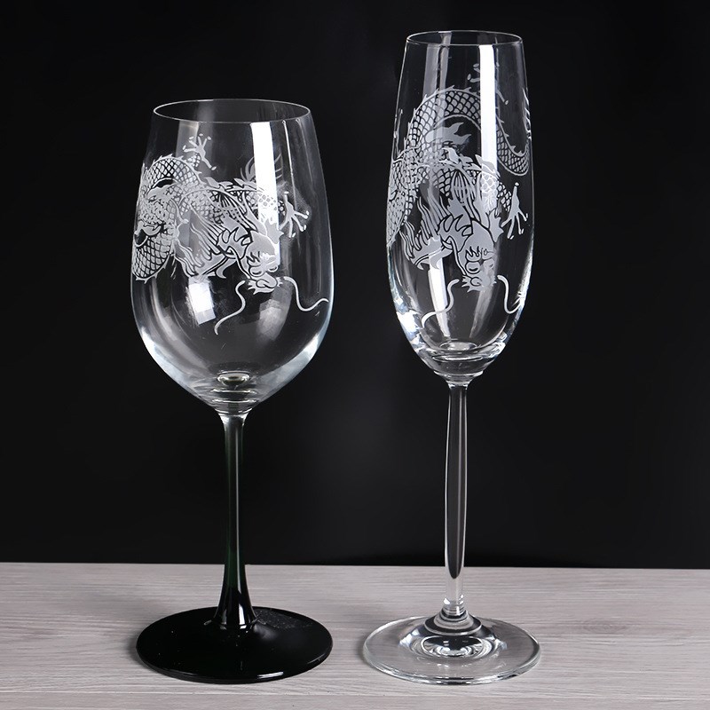 红酒杯烤花LOG磨砂工艺水晶高脚杯香槟杯喷色勃垦地酒杯打砂激光
