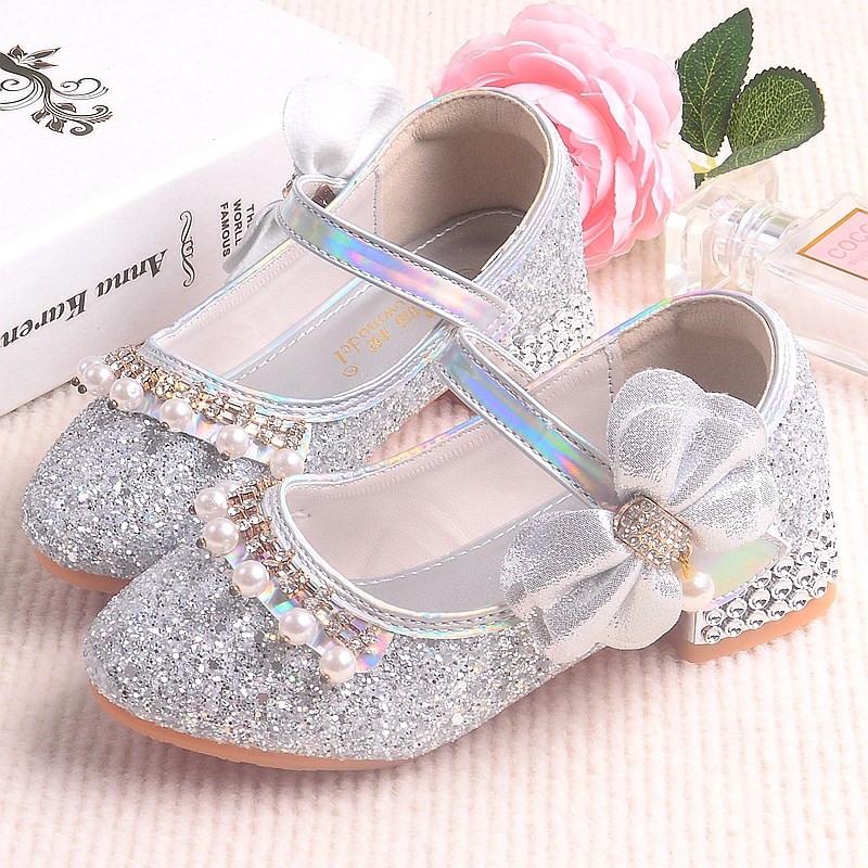 女童高跟鞋子时尚闪亮女孩子校园银色表演鞋皮鞋韩版儿童公主单鞋