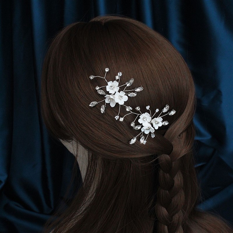 陶瓷花发簪新娘婚纱白色头花新中式盘发发饰 手工串珠水钻U型插针