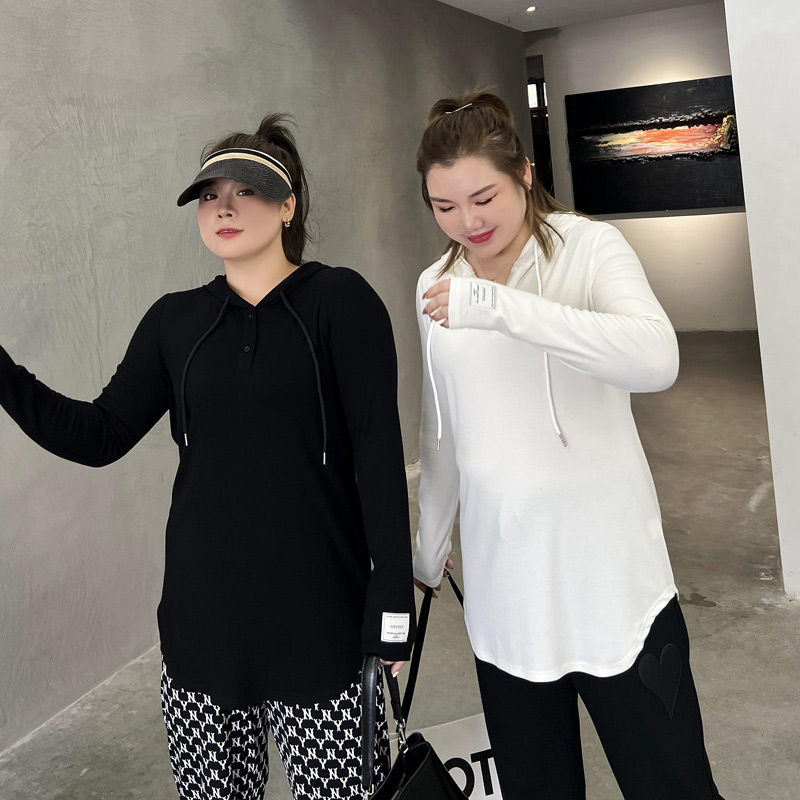 特大码女装连帽针织上衣2023年秋季胖H妹妹mm中长款打底衫长袖T恤