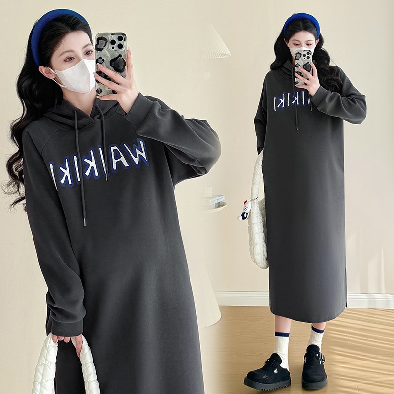 孕妇装2025春秋季新款中长款连帽卫衣过膝连衣裙时尚口袋印花上衣