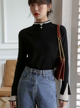 黑色半高领假两件毛衣女秋冬季爆款设计感小众内搭修身Z打底针织