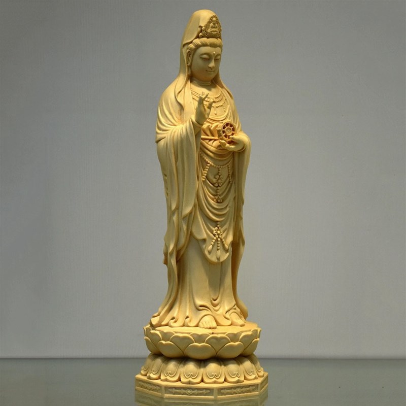 桧木雕大号站莲南海观音菩萨手持如意轮佛像实木摆件家居供奉饰品