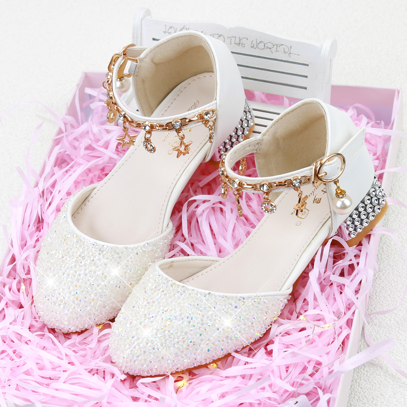 儿童高跟鞋水晶公主鞋银白色女童皮鞋模特比赛走秀钢琴演出礼服鞋