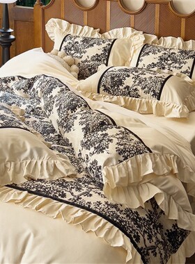 法式复古黑色纯棉四件套赫本公主奶油风高级感全棉床W上被套床品