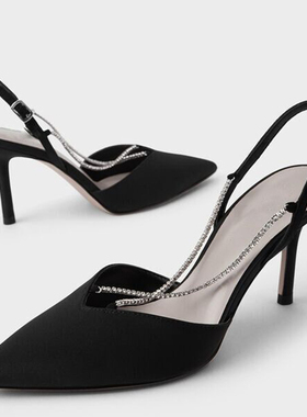 黑色高跟鞋女细跟一字扣带水钻链条包头法式高级感凉鞋女通勤百搭