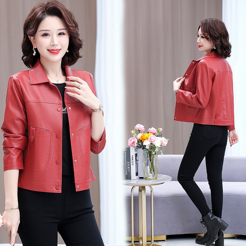 m56秋季休闲h皮衣女短款外套妈妈装秋装皮夹克中老年女装d96皮外
