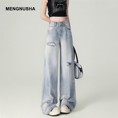 浅色破洞高腰阔腿牛仔裤女2025春季新款宽松小个子复古垂感拖地裤