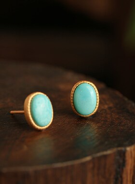 绿松石气质小耳钉纯银古法金高级感耳饰蓝色新中式女国风耳环小众