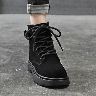 厚底春秋磨砂皮马丁靴女款2023新款英伦风短靴子加绒大尺码鞋子黑